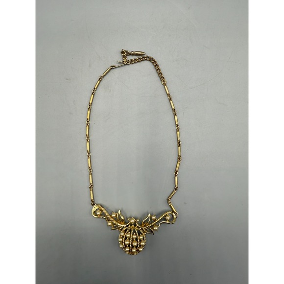 Coro? Pearl (Faux) & Gold (Tone) Round Ball Pumpkin Statement Necklace - Picture 4 of 12